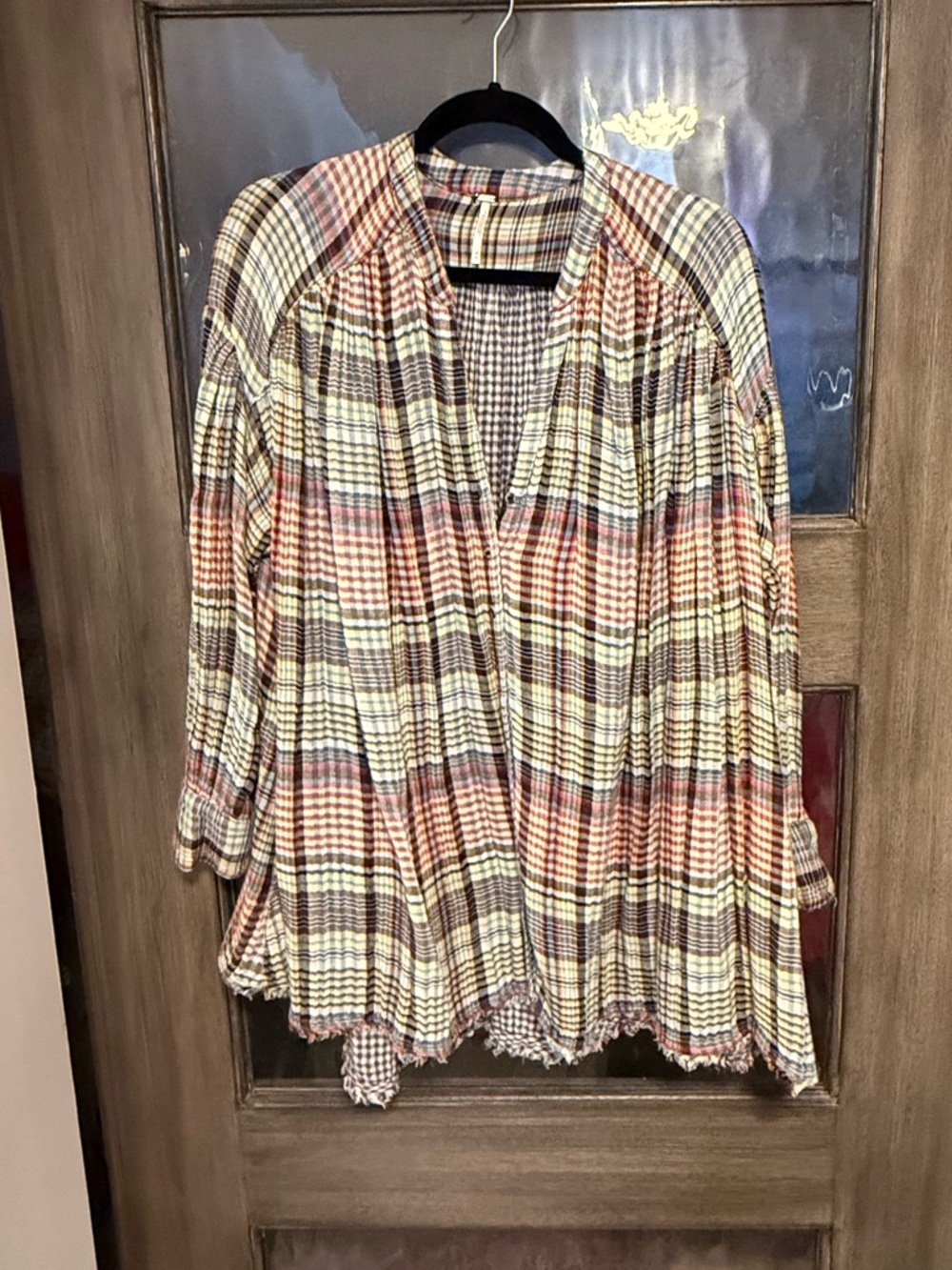 Free People Come On Over Plaid Button Down Swing Shirt Oversized Raw Hem size M